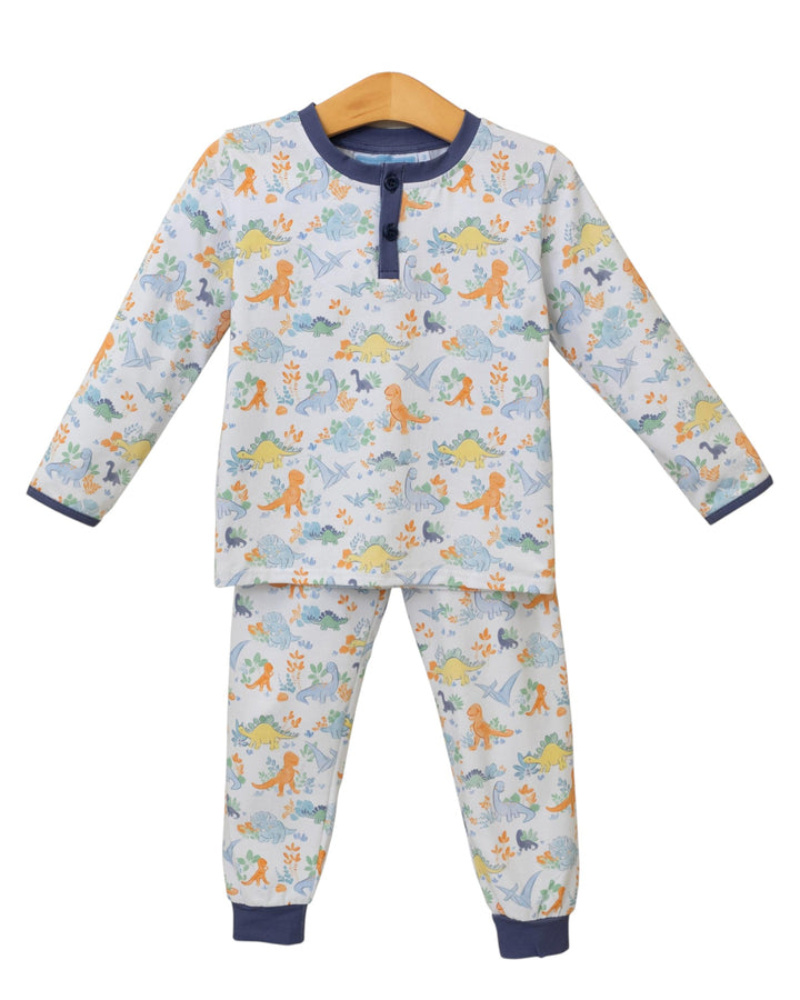Children's pajama set with dinosaur pattern on a white background