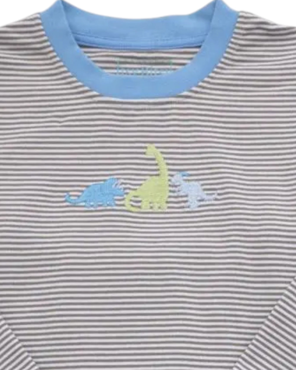 A close-up of a children's long-sleeve shirt with thin gray and white horizontal stripes, a light blue ribbed crew neck, and a small embroidered dinosaur motif in blue, yellow-green, and light blue on the chest, that store