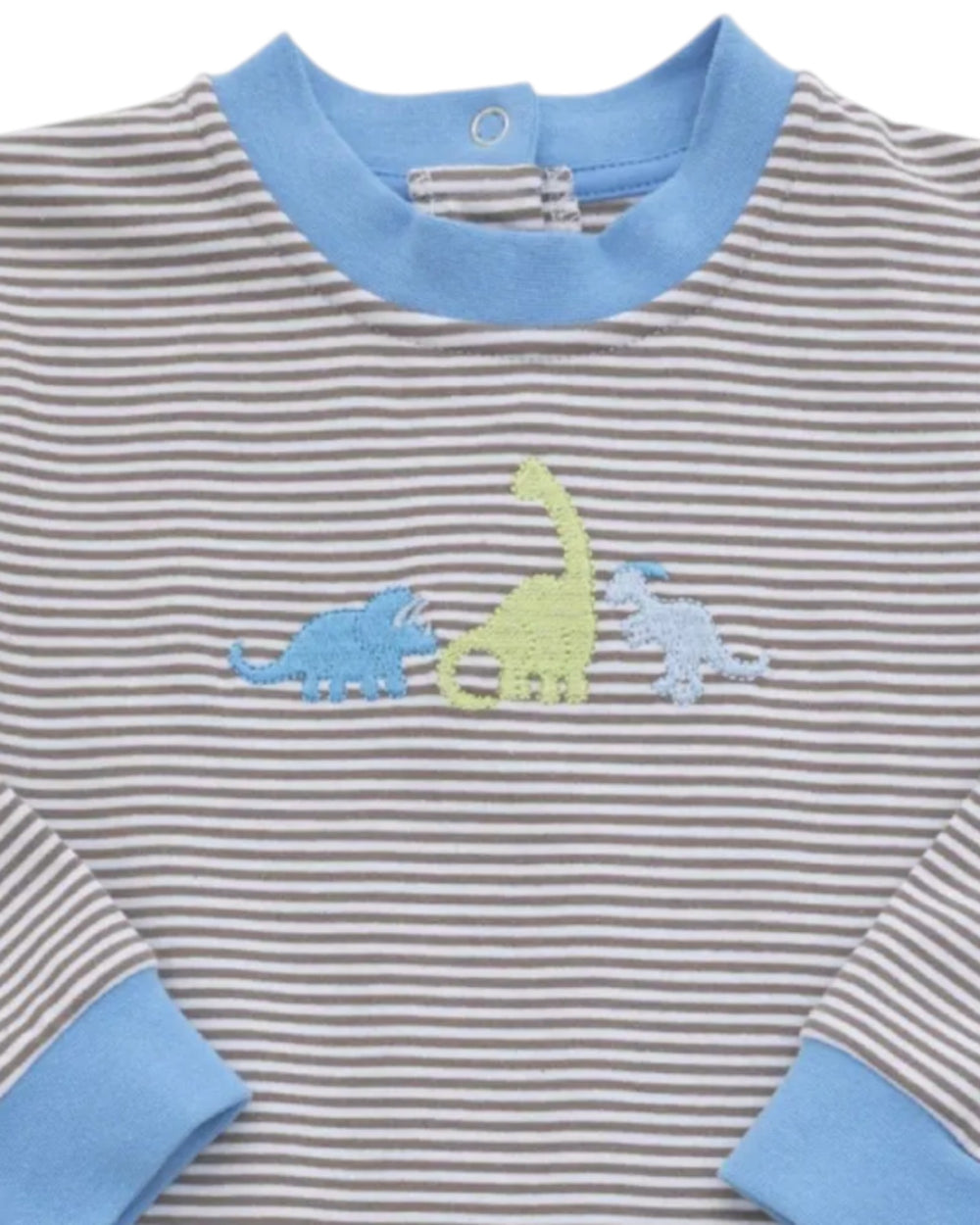 A close-up of a baby long-sleeve shirt with gray and white horizontal stripes, light blue ribbed collar and cuffs, and embroidered dinosaur motifs in light blue, yellow-green, and light blue on the chest, that store