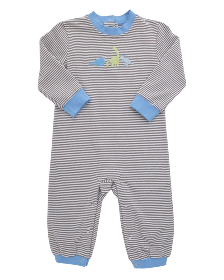 A baby long-sleeve footless one-piece jumpsuit with thin gray and white horizontal stripes, light blue cuffs and collar, and a small dinosaur graphic on the chest, that store