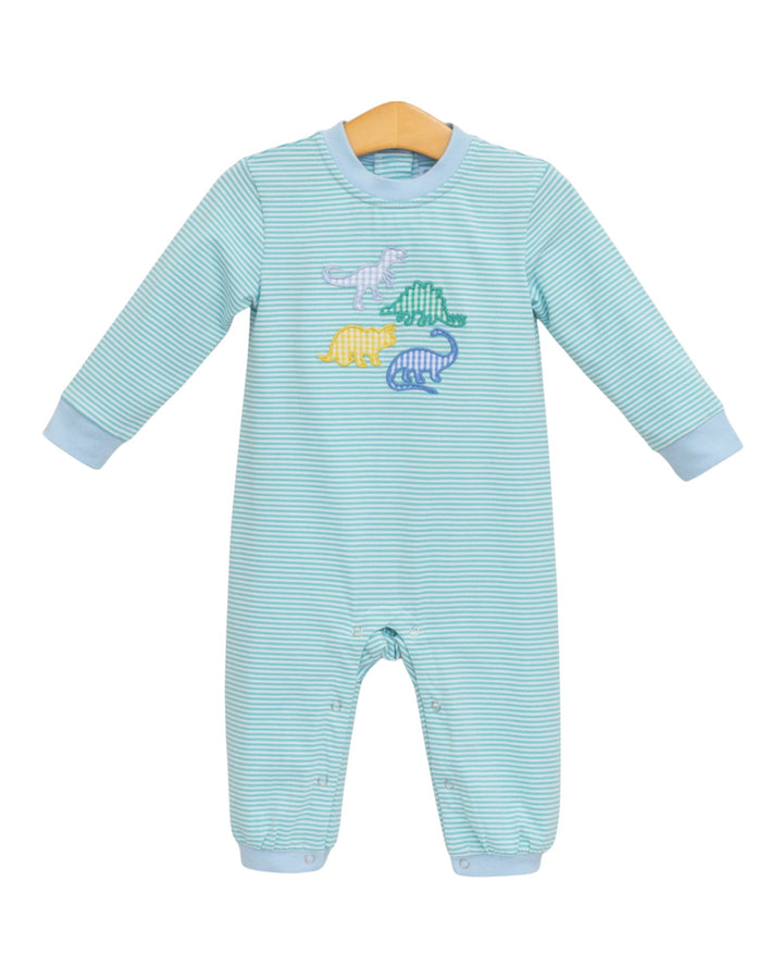 A baby long-sleeve footless one-piece jumpsuit in light blue and white stripes, featuring a colorful dinosaur graphic on the chest, hanging on a wooden hanger against a white background, that store
