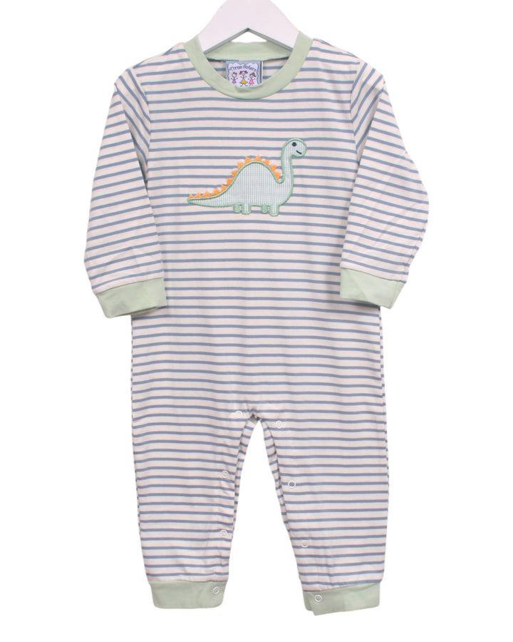 A baby long-sleeve footless one-piece jumpsuit with thin light blue and white horizontal stripes, light green trim at the collar, cuffs, and hems, and an embroidered green and orange dinosaur on the chest. The garment is shown hanging on a white hanger against a plain white background, that store