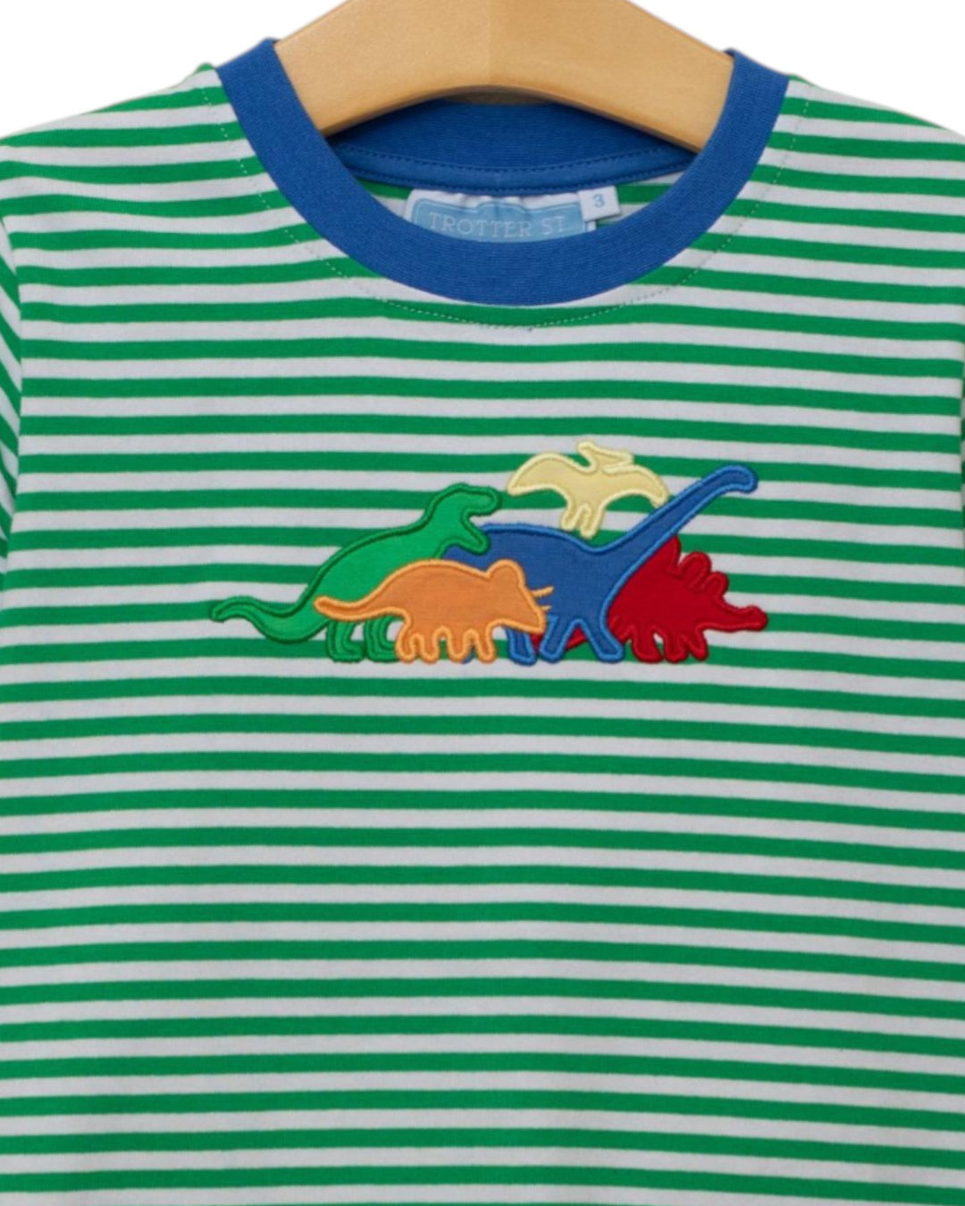 Green and white striped shirt with colorful dinosaur design on a hanger