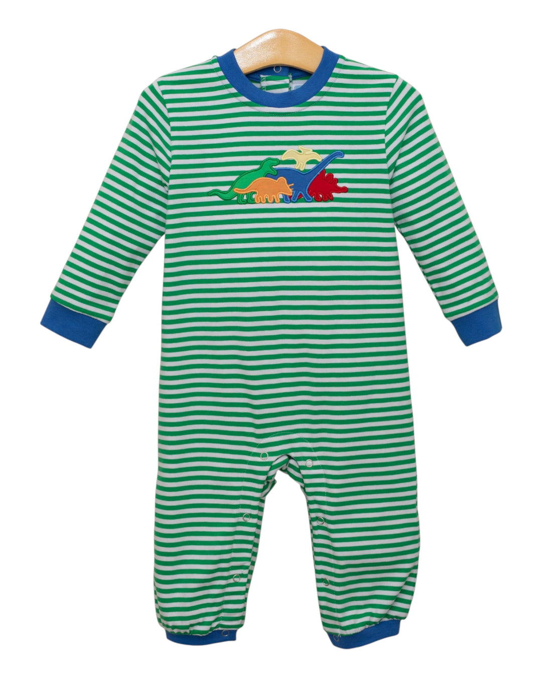 Green and white striped baby romper with dinosaur design on a hanger