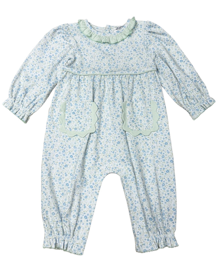 Floral baby romper with ruffled collar on a white background
