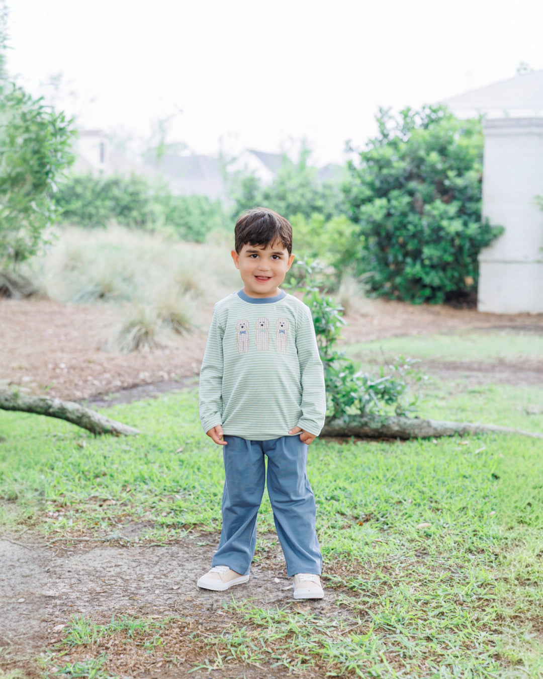 Dog Applique Green Stripe Boys Pant Set