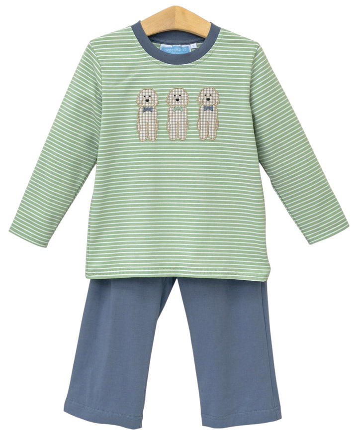 Dog Applique Green Stripe Boys Pant Set