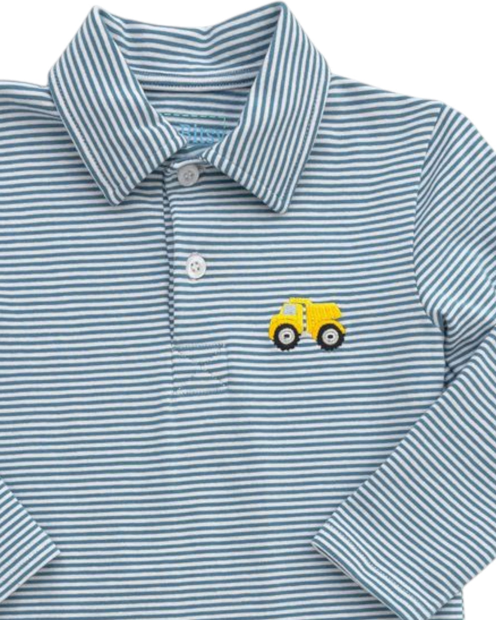Children's blue and white striped polo shirt with a yellow truck design on a white background