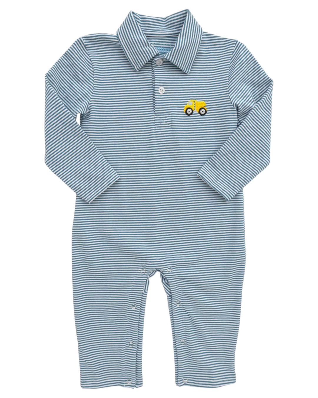 Blue striped baby outfit with a yellow tractor design on a white background