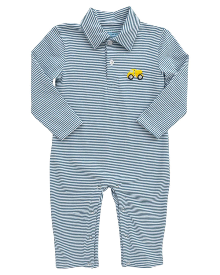Blue striped baby outfit with a yellow tractor design on a white background