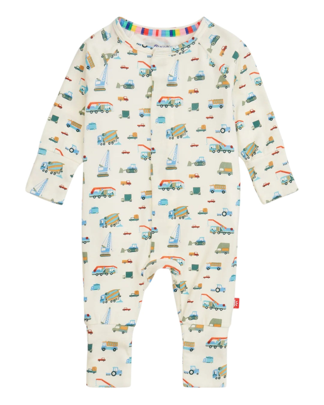 Baby onesie with vehicle pattern on a white background