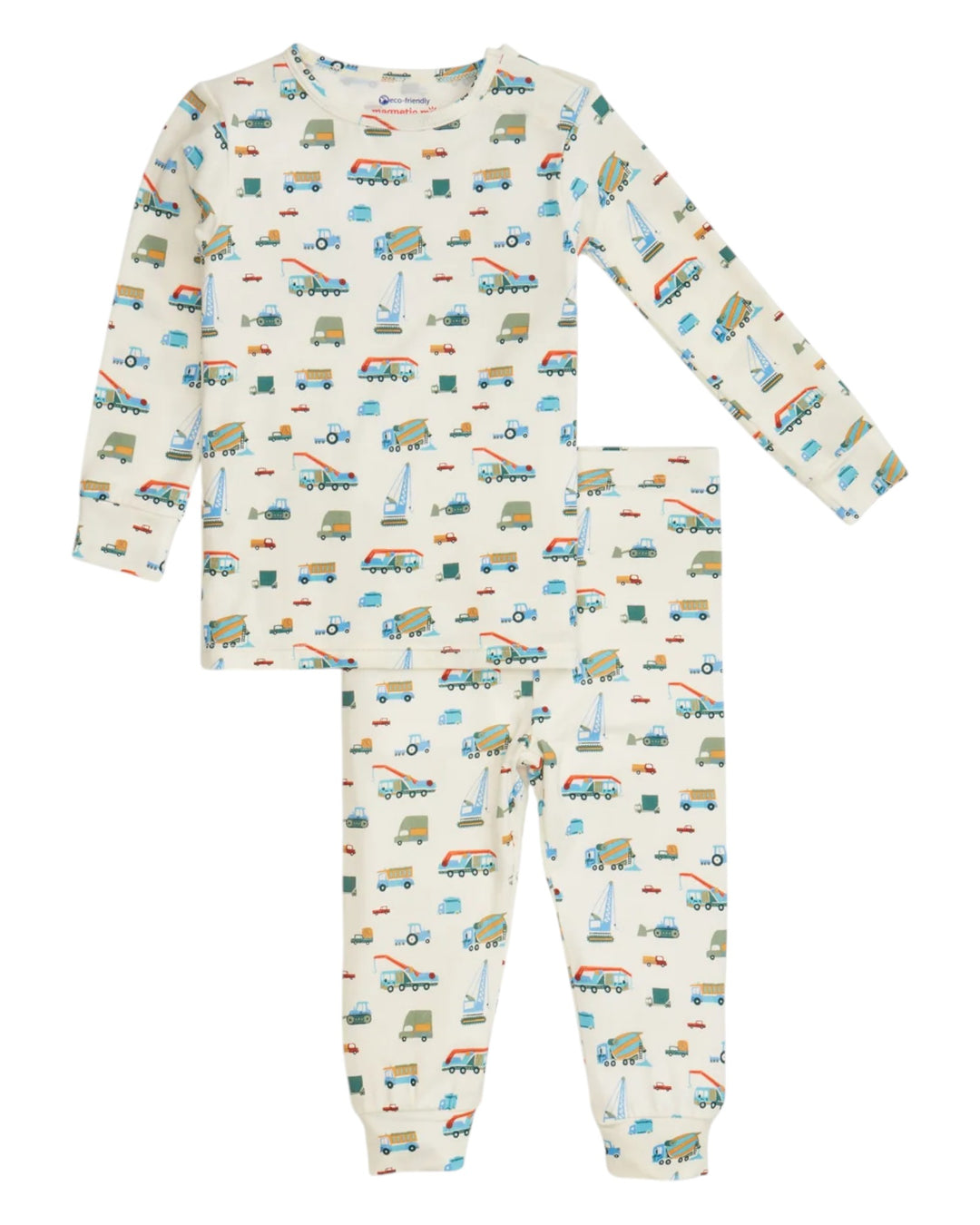 Children's pajama set with vehicle pattern on a white background