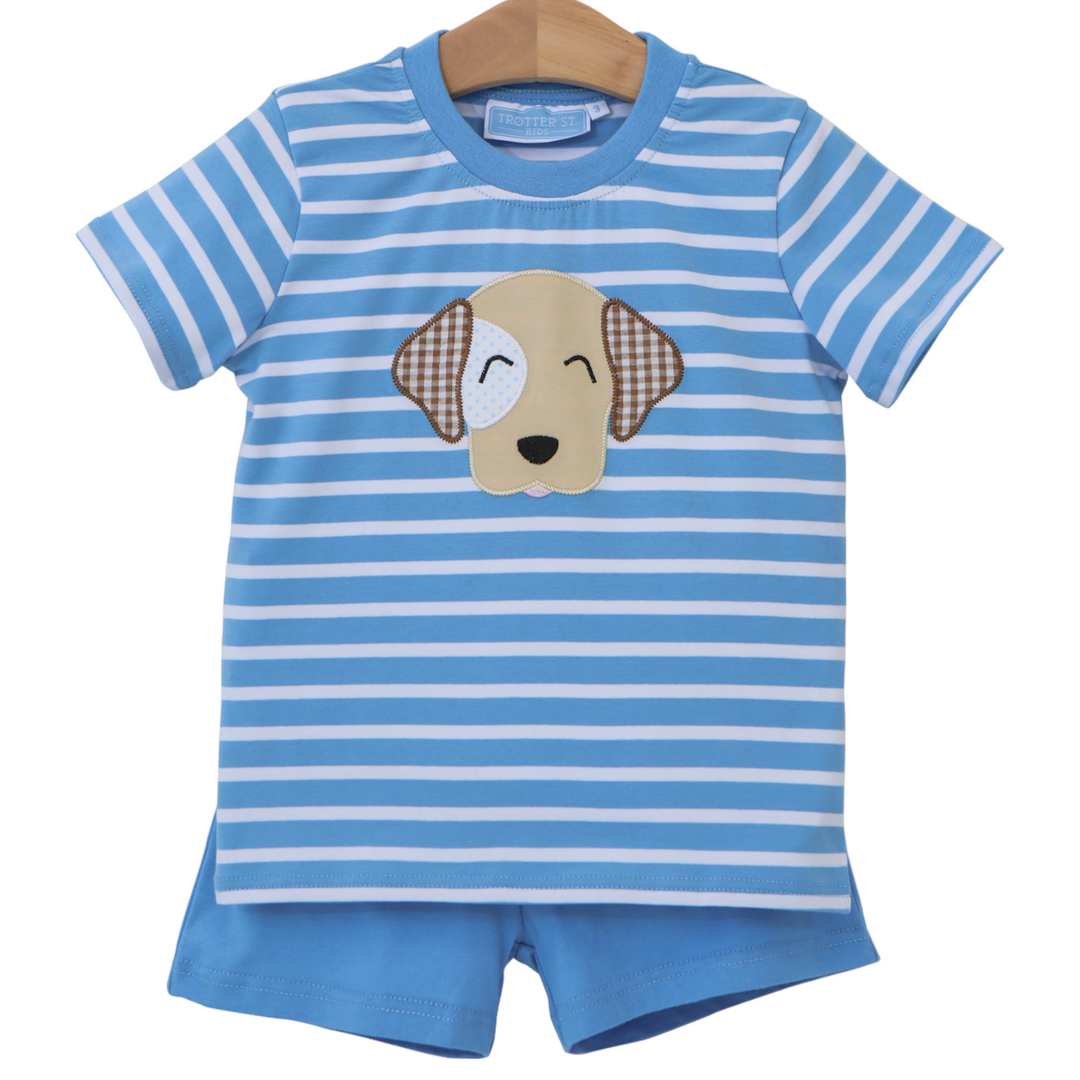 Puppy Blue Stripe Short Set, front