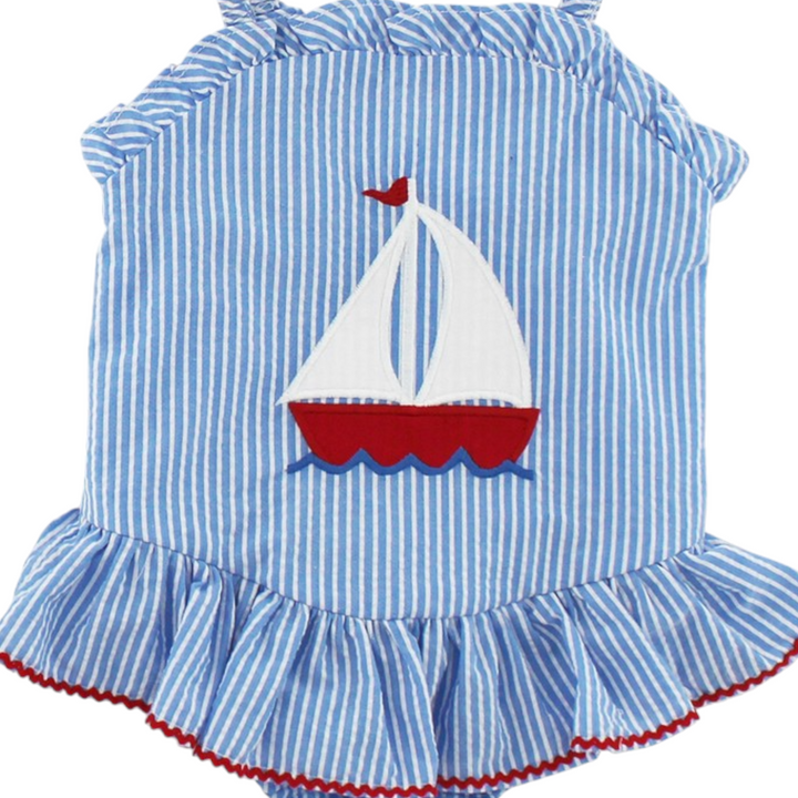 Smooth Sailing Blue Stripe 1pc Ruffle Swim, close up