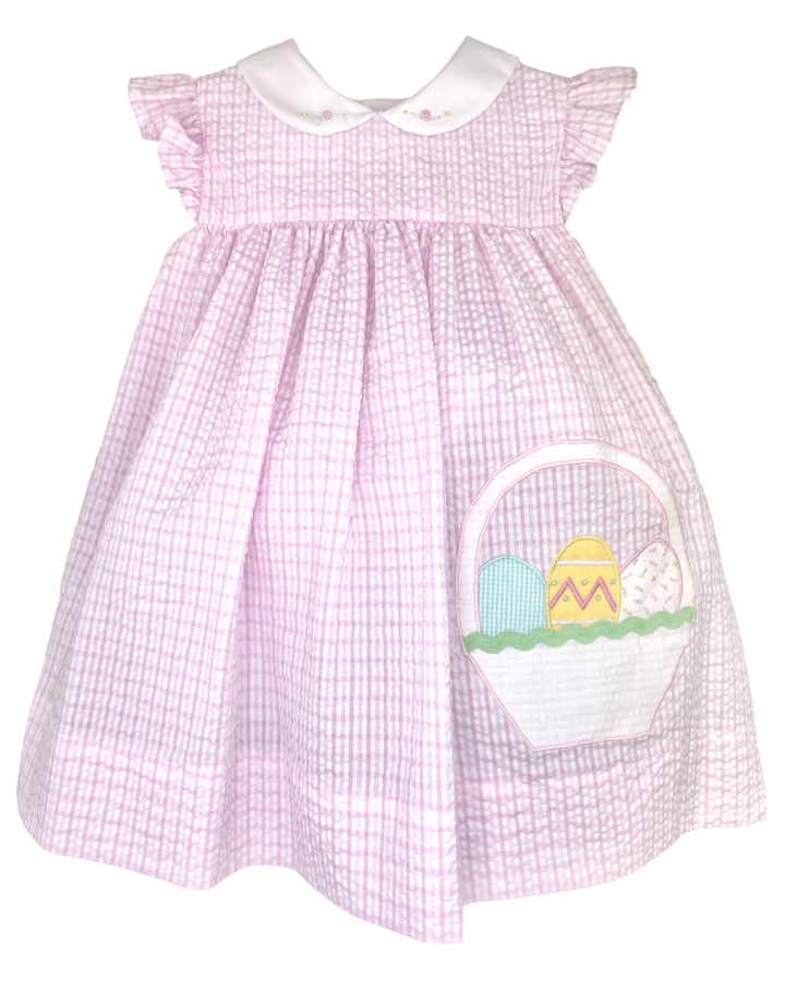 Easter Basket Applique Pink Seersucker Plaid Girls Dress, Shop That Store, front