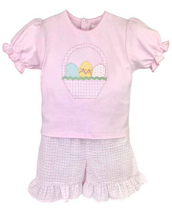 Easter Basket Pink Seersucker Plaid Girls Short Set, Shop That Store, front