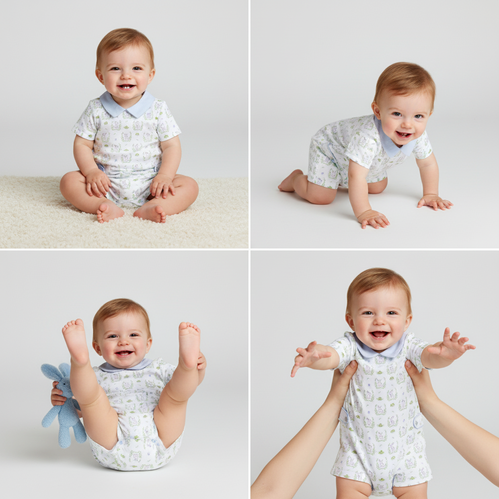 Collage of a baby in a white patterned onesie on a plain background