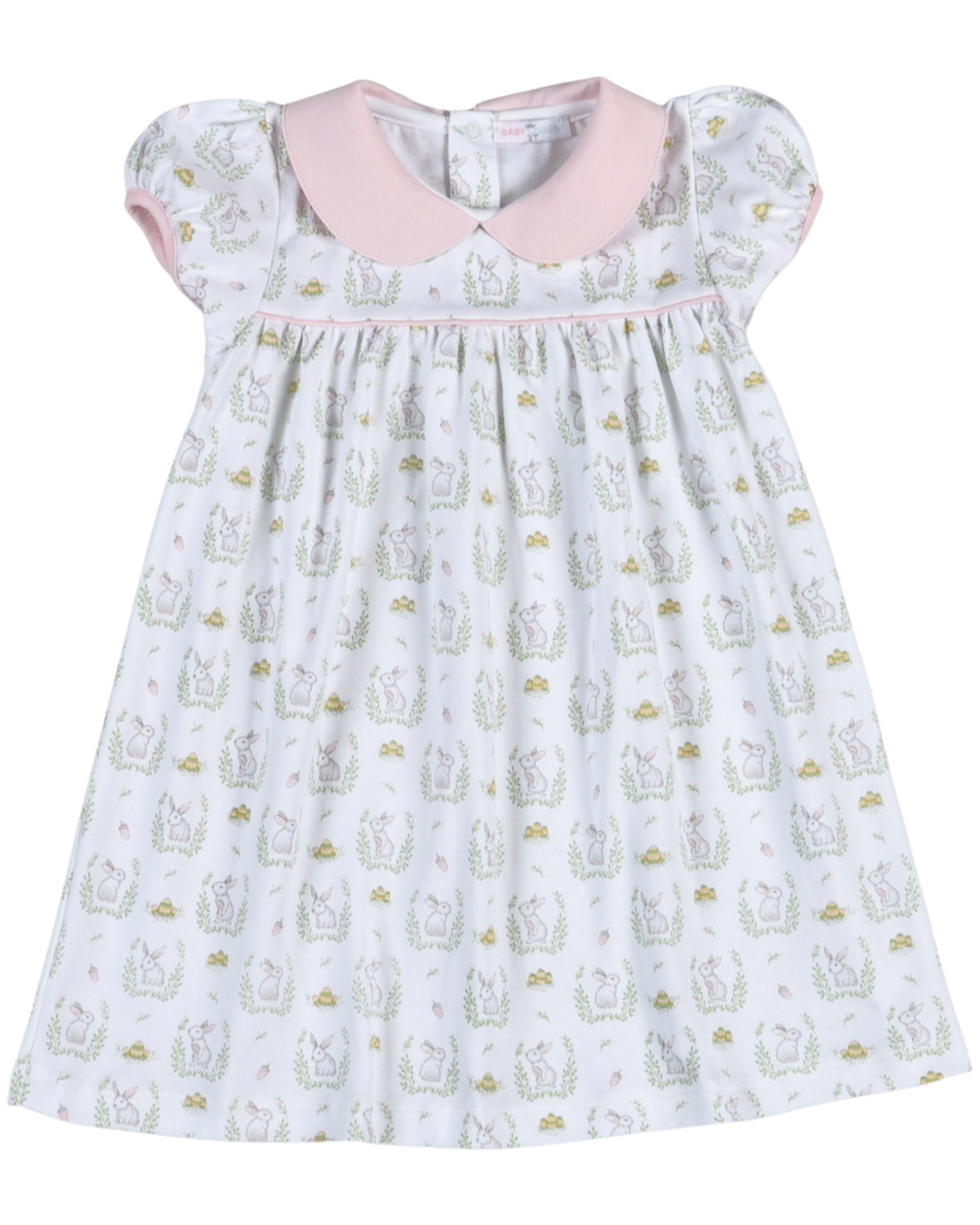 Baby dress with bunny print and pink collar on a white background