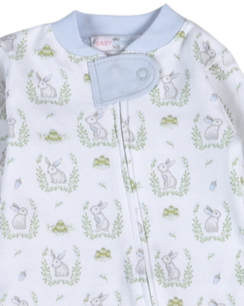 Baby onesie with bunny and flower pattern on a white background