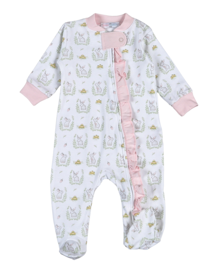 Baby onesie with pink accents and animal print on a white background