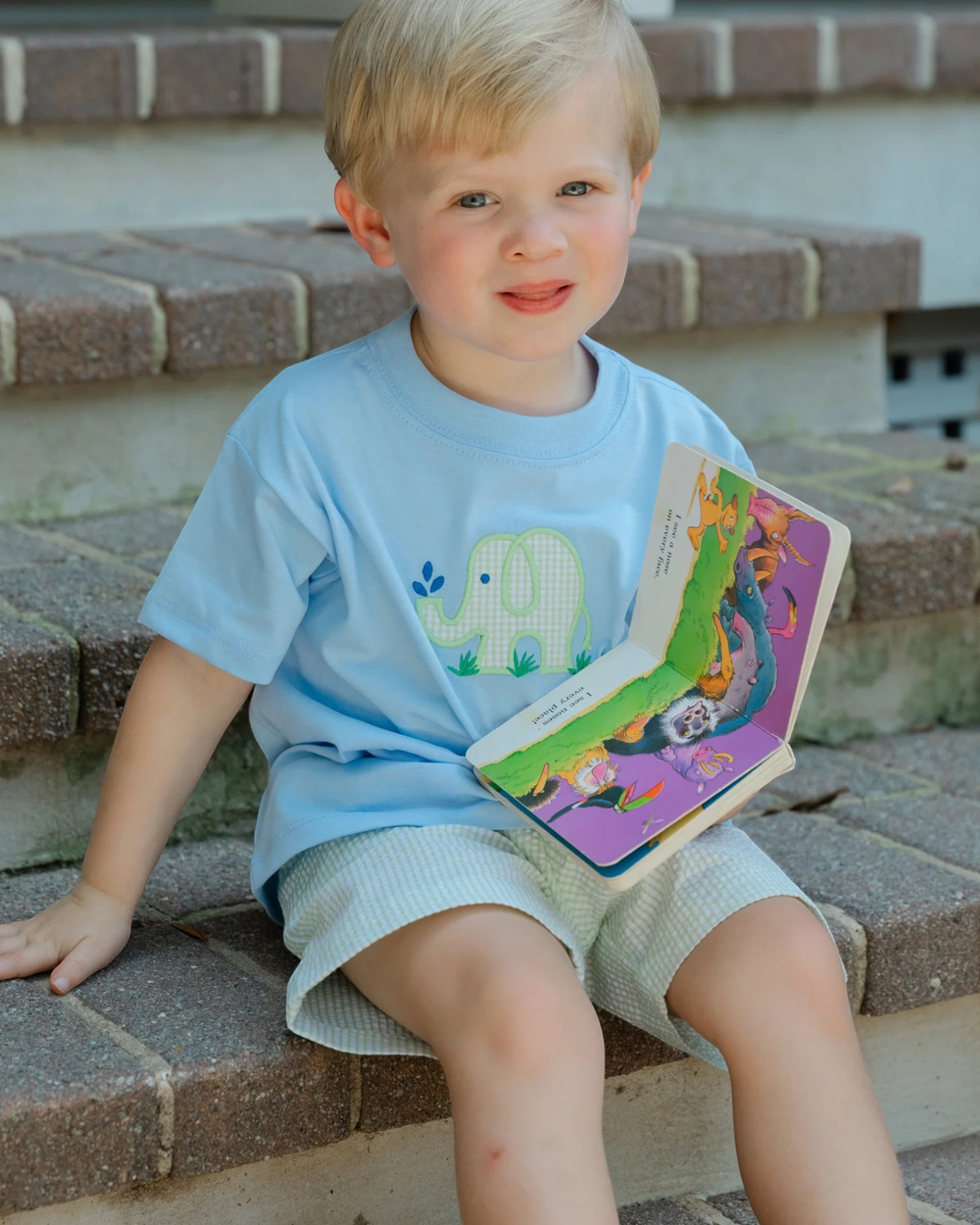 Child sitting on steps holding a colorful book