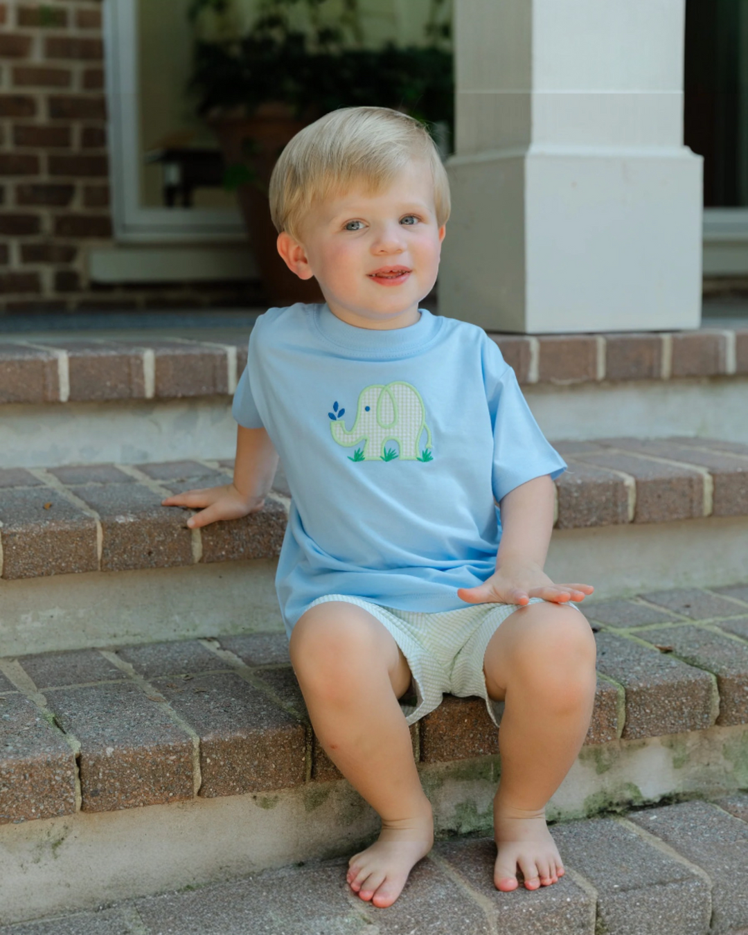 Young boy sitting on steps wearing a light blue t-shirt with a green dinosaur design.