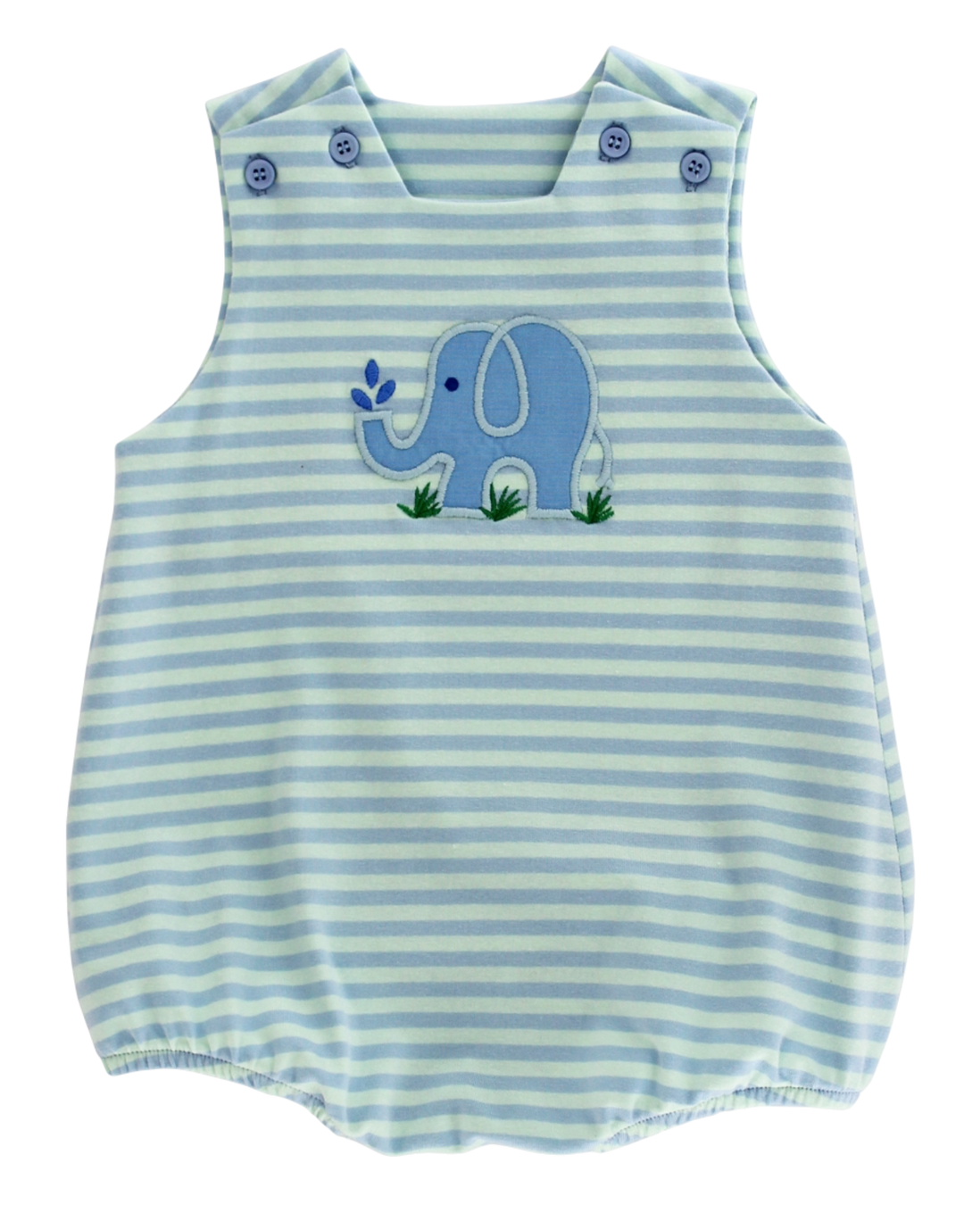 Blue and white striped baby romper with an elephant design on a white background