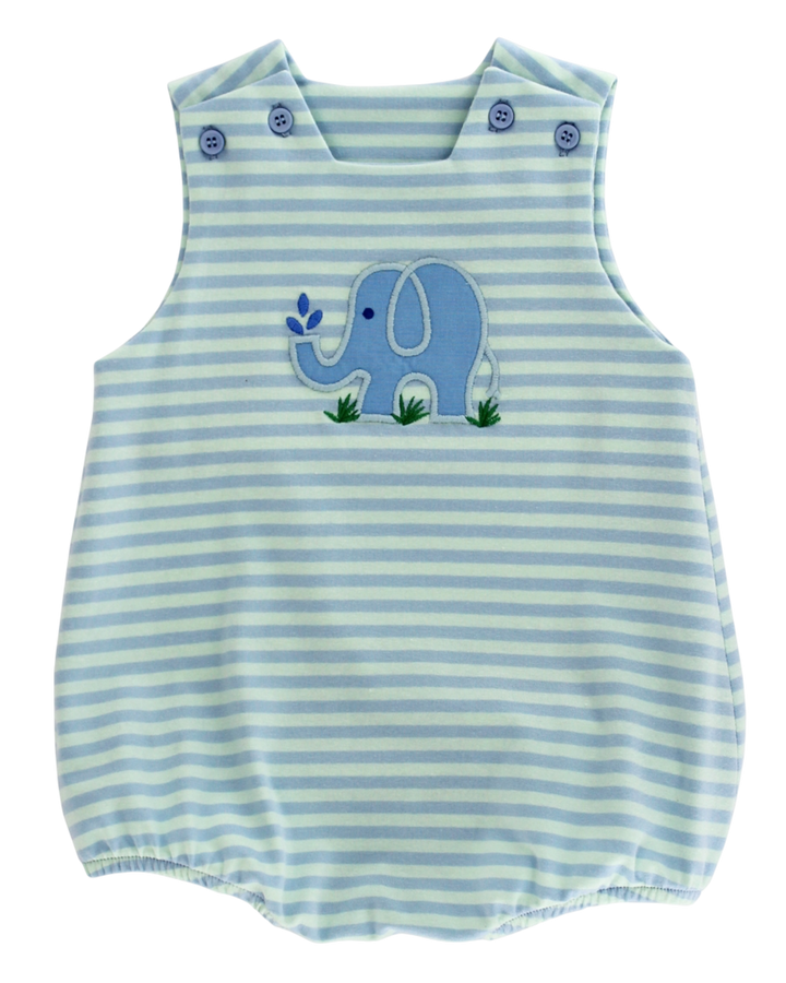 Blue and white striped baby romper with an elephant design on a white background