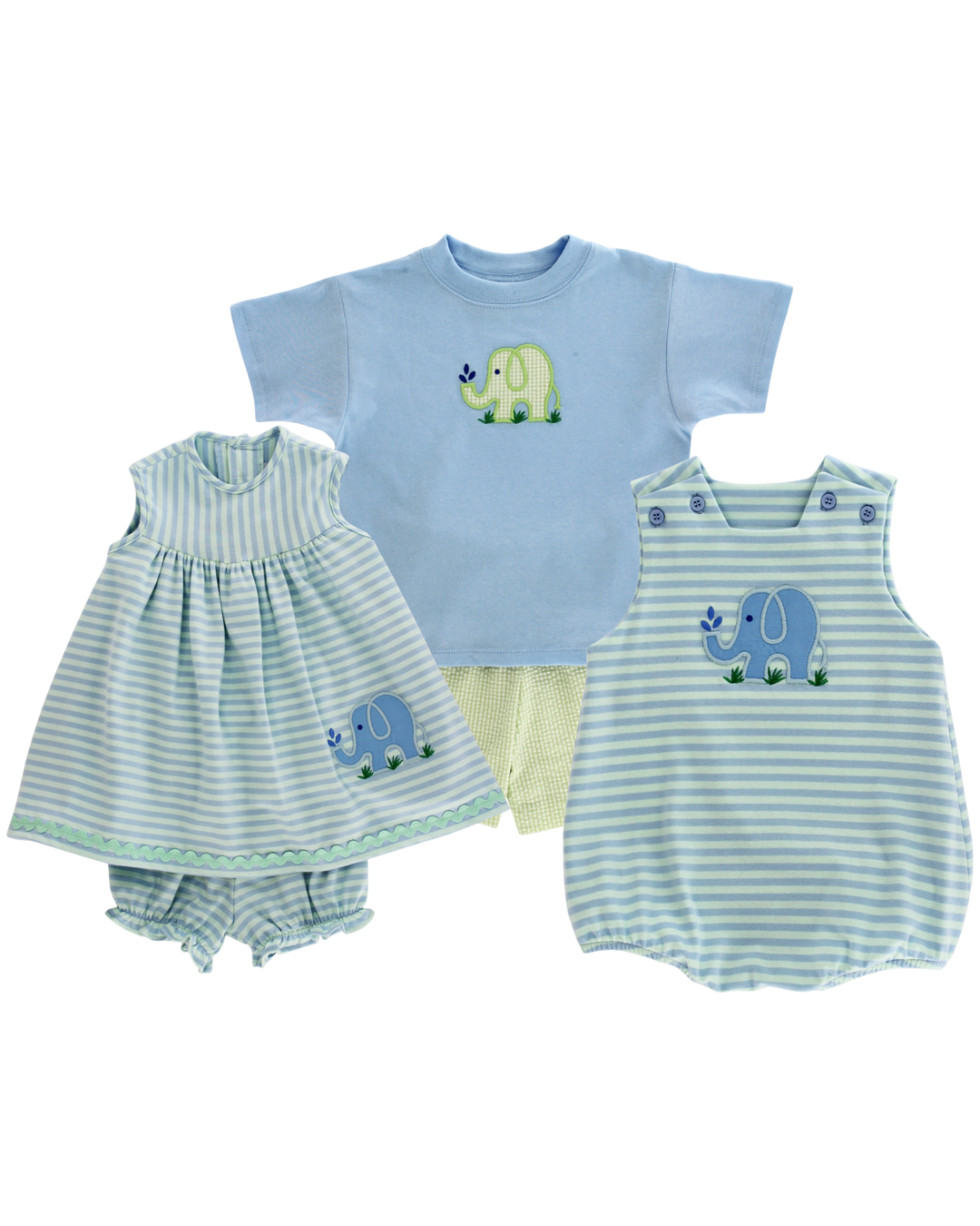 Set of baby clothing with elephant designs on a white background