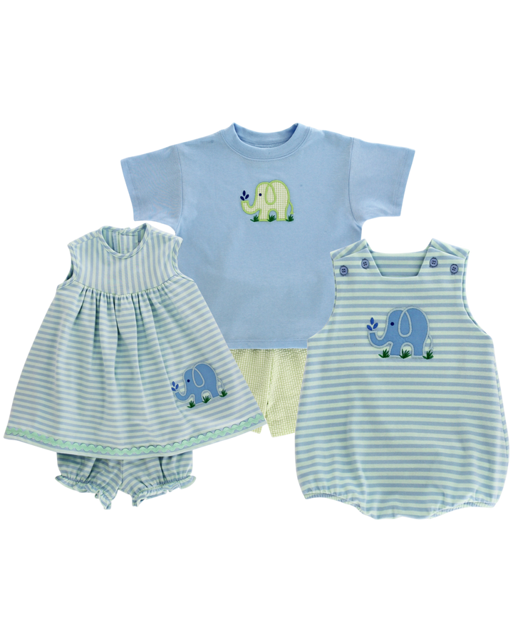 Set of baby clothing with elephant designs on a white background