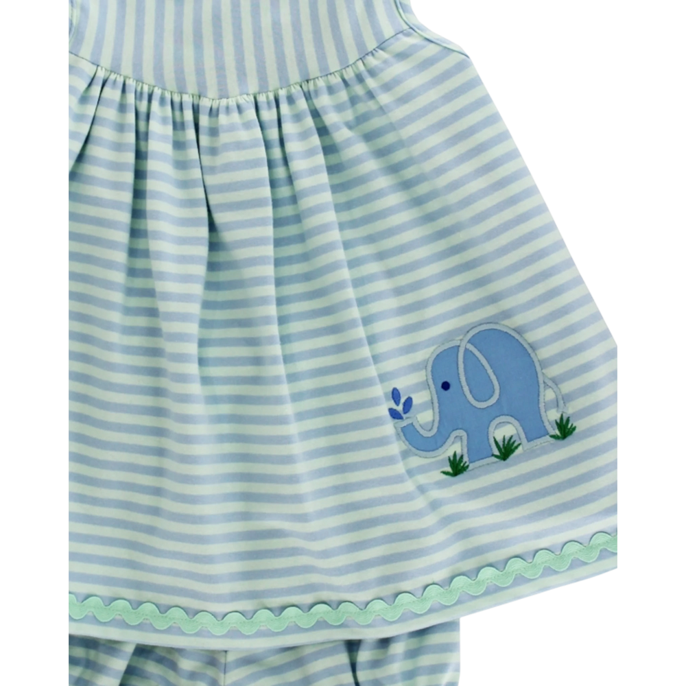Striped dress with an elephant applique on a white background