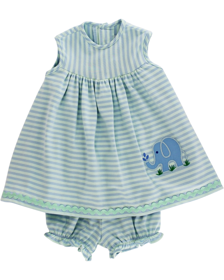 Children's outfit with striped dress and shorts featuring an elephant design on a white background