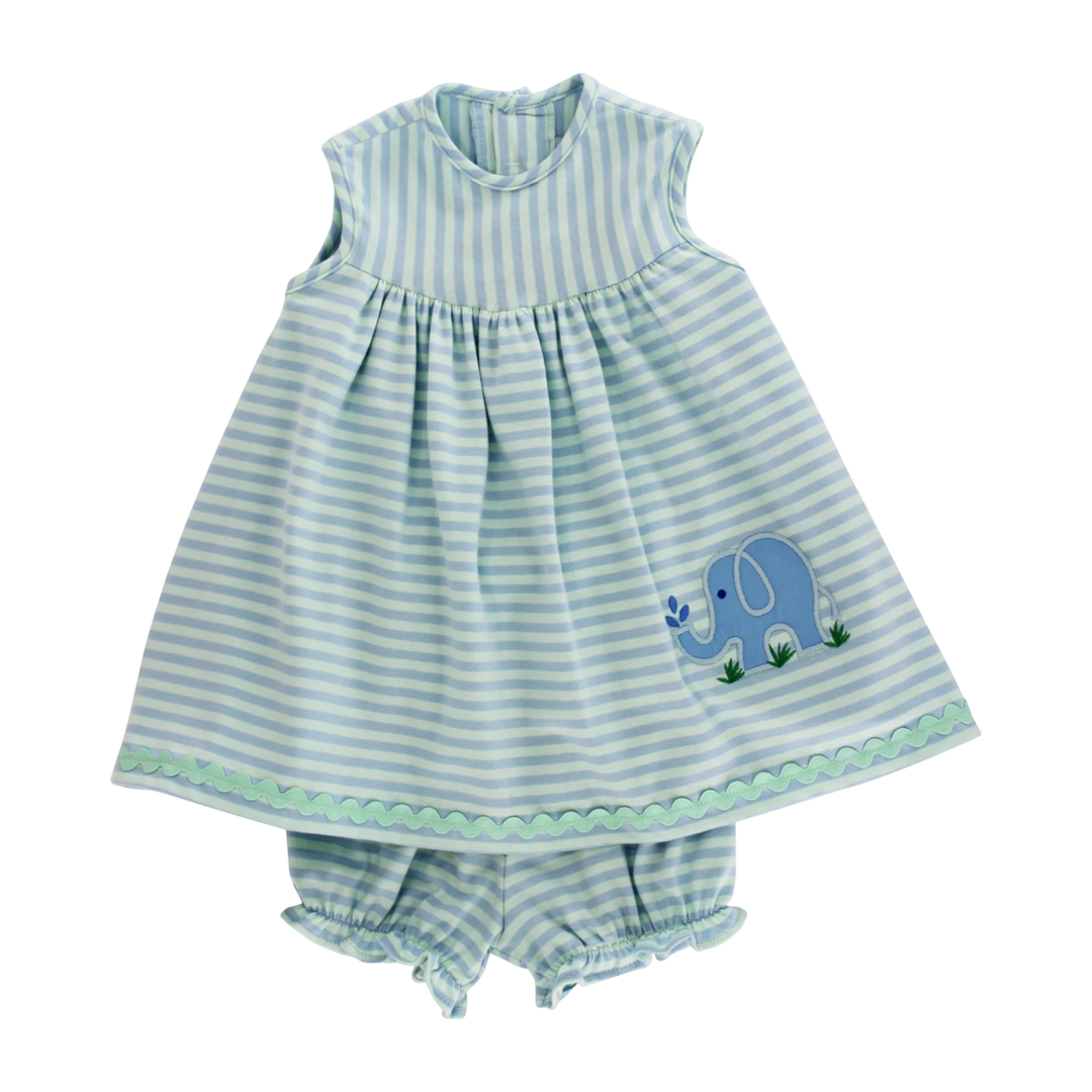 Children's outfit with striped dress and shorts featuring an elephant design on a white background