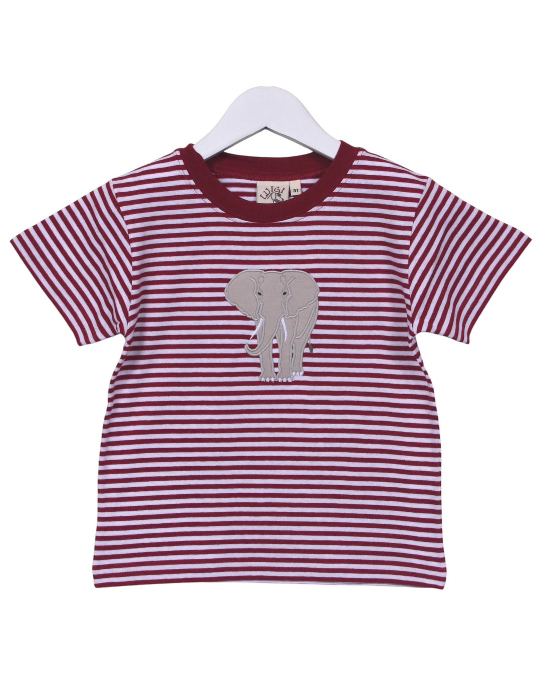 Red and white striped t-shirt with an elephant design on a hanger