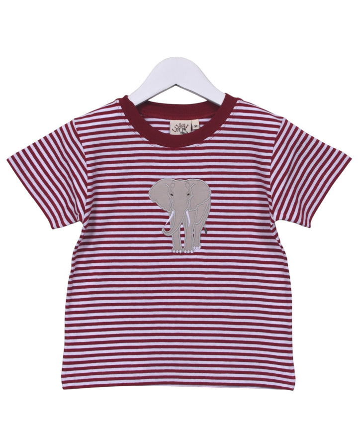 Red and white striped t-shirt with an elephant design on a hanger
