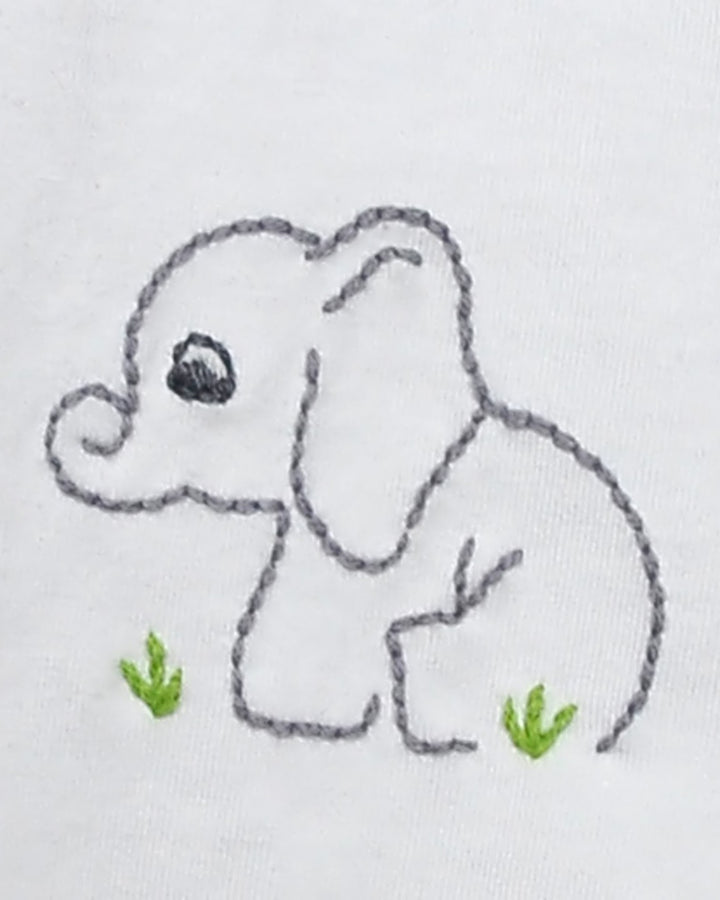 Embroidered design of a baby elephant on a white fabric background