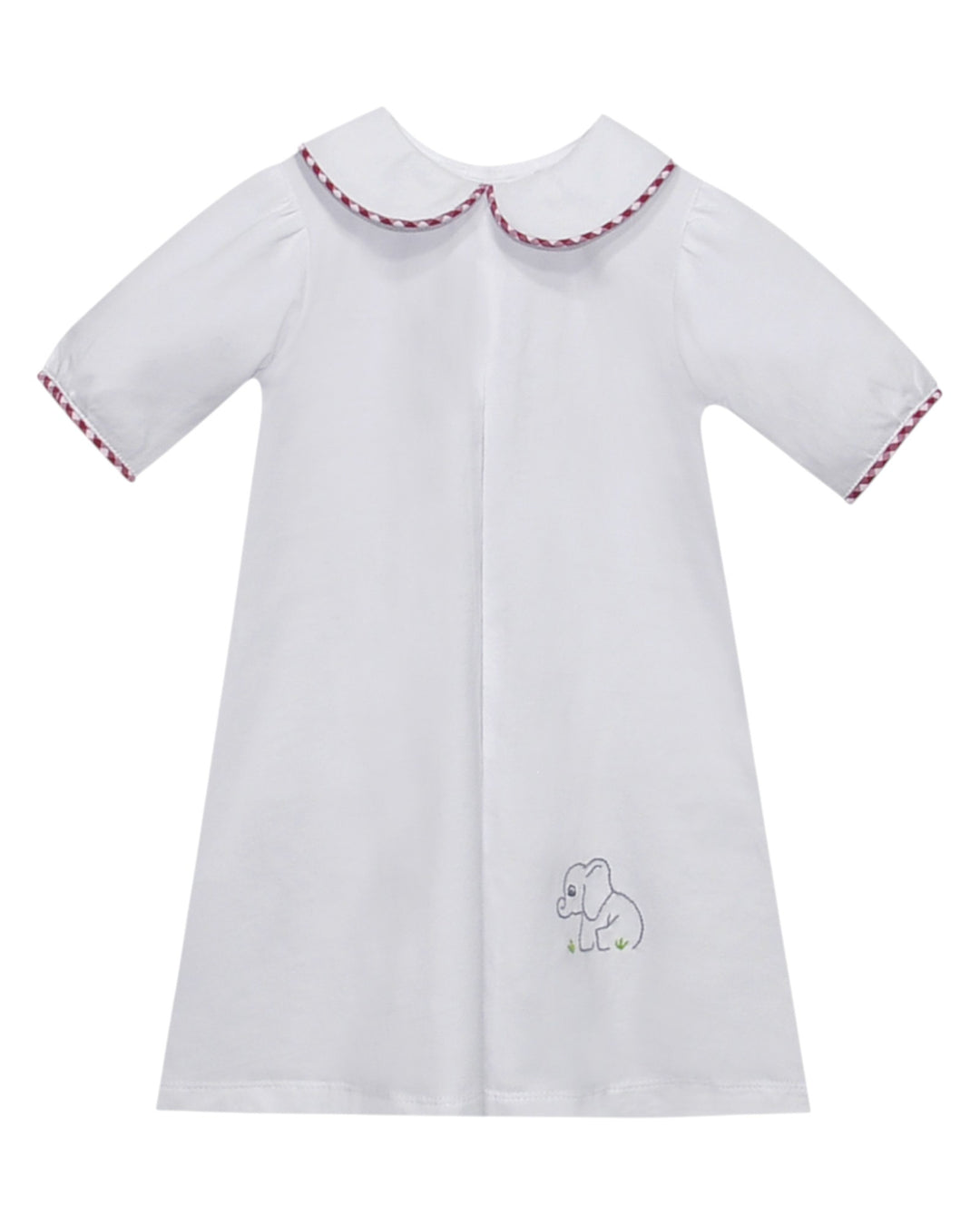 White dress with red trim and a small design on a white background