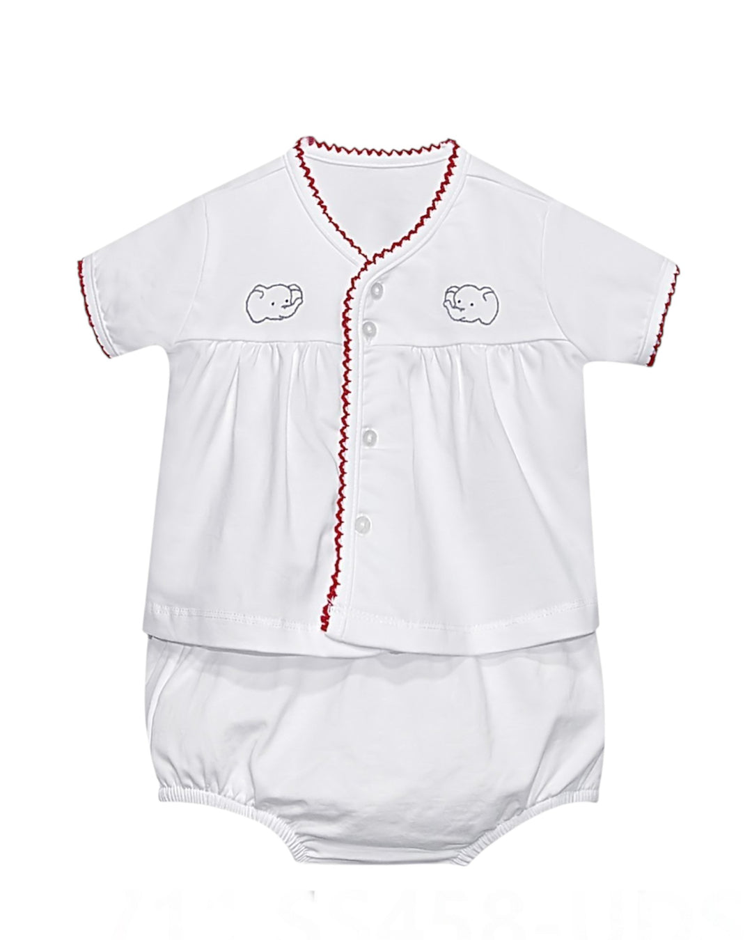 White baby outfit with red trim and embroidered designs on a white background