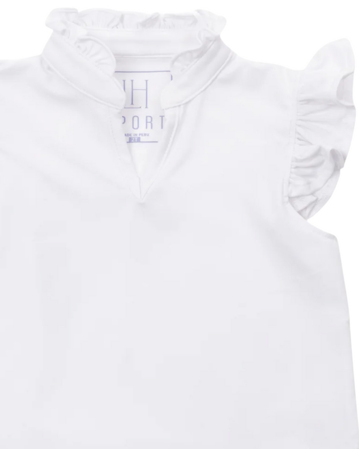 Ellie Girls' Sleeveless Ruffled Top by LH Sport - White, That Store, front, close up