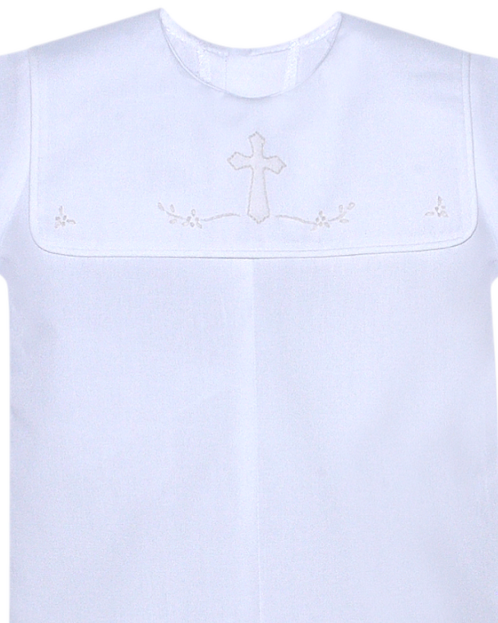Ellis Boys White Romper with Ecru Cross, That Store, close up