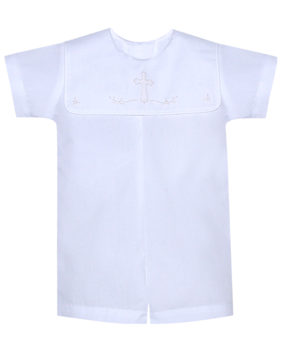 Ellis Boys White Romper with Ecru Cross, That Store, front