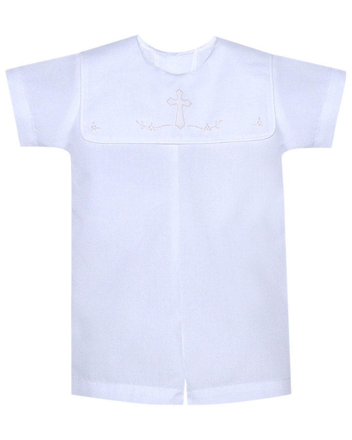 Ellis Boys White Romper with Ecru Cross, That Store, front