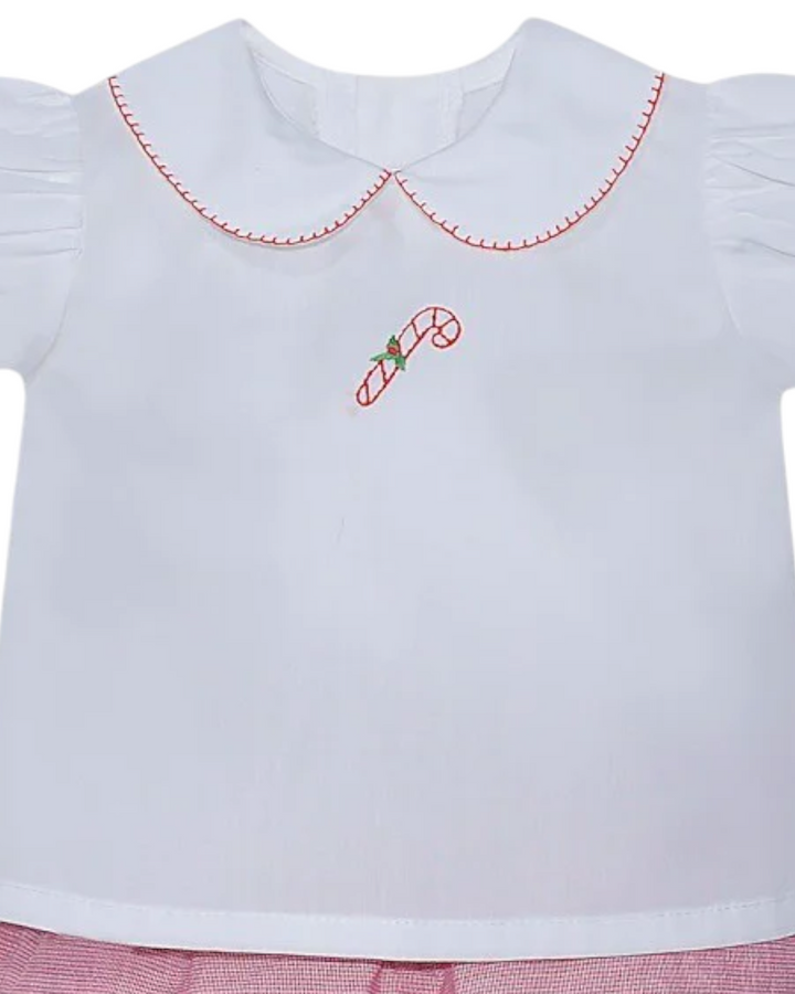 Embroidered Candy Cane Red Check Girls Diaper Set, close up