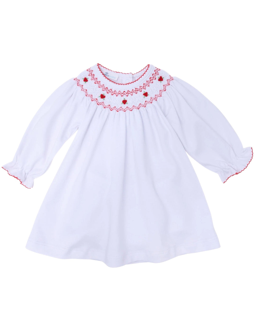 White dress with red embroidery on a white background