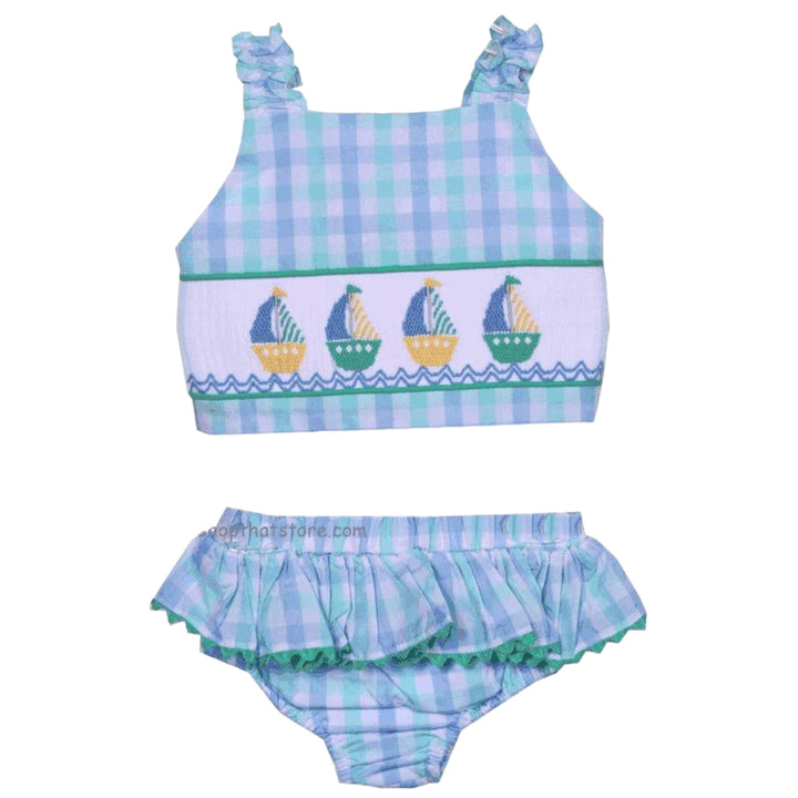 Smocked Sailboat Blue Plaid Swimsuit ShopThatStore, front