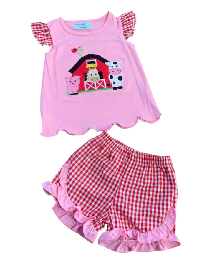 Farm Animal Ruffle Pink Girls Short Set, That Store, front