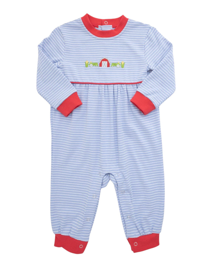 A baby long-sleeve footless jumpsuit in light blue and white stripes, featuring red trim on the collar, cuffs, and hem, with a small embroidered &