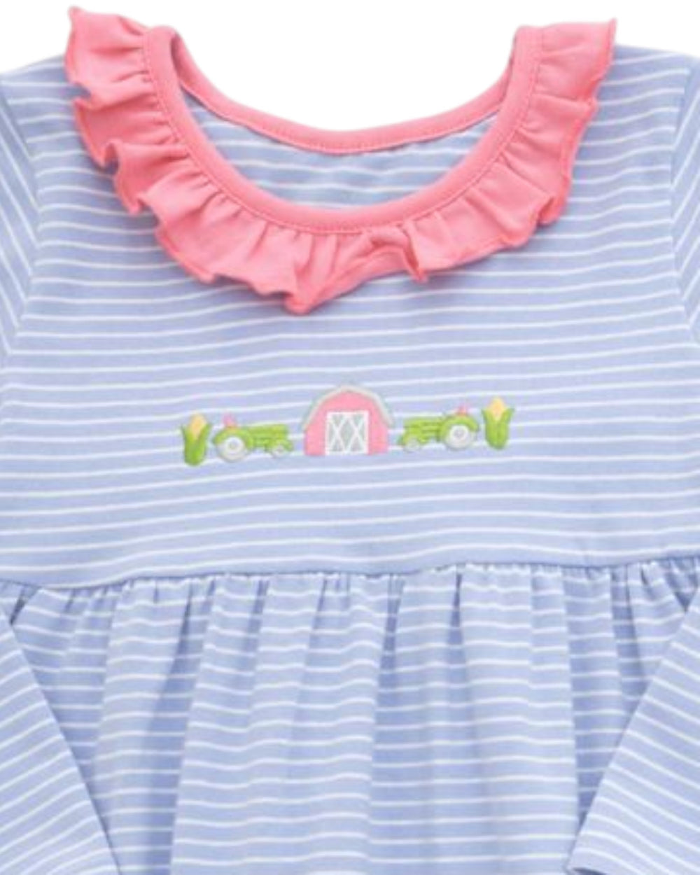 A close-up of a baby girl's long-sleeve dress featuring light blue and white horizontal stripes, a pink ruffled collar, and a small embroidered farm-themed motif on the chest, that store