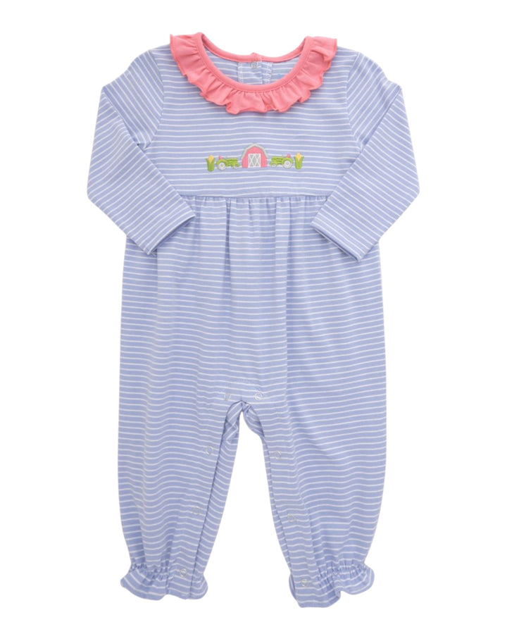 A baby long-sleeve footless romper with light blue and white stripes, featuring a pink ruffled collar and a small embroidered rainbow motif on the chest, that store