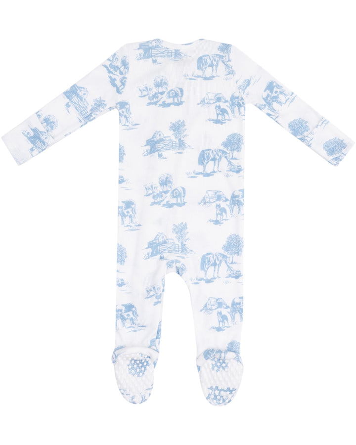 Farm Toile - Blue - 2 Way Zipper Footie, That Store, back